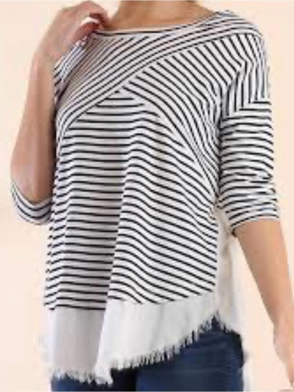 Umgee White and Black Striped Boatneck Fringe Hem Top